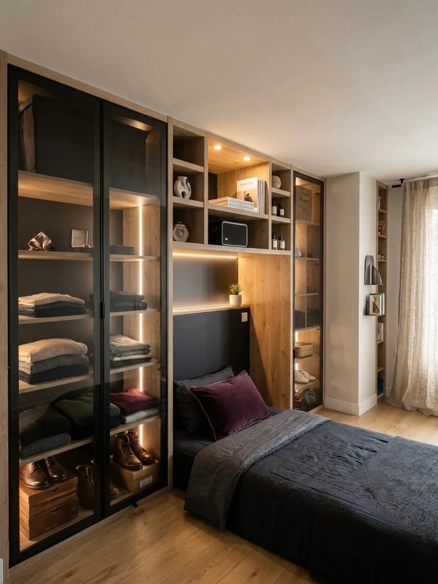 Dressing à portes vitrées fumées, structure chêne et montants noirs, éclairé par bandeaux LED