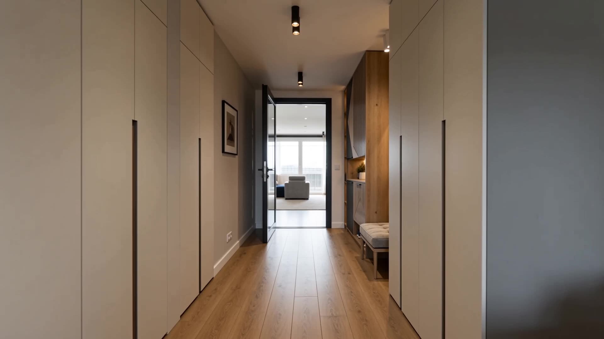Dressing sur-mesure éclairé, vu depuis la chambre