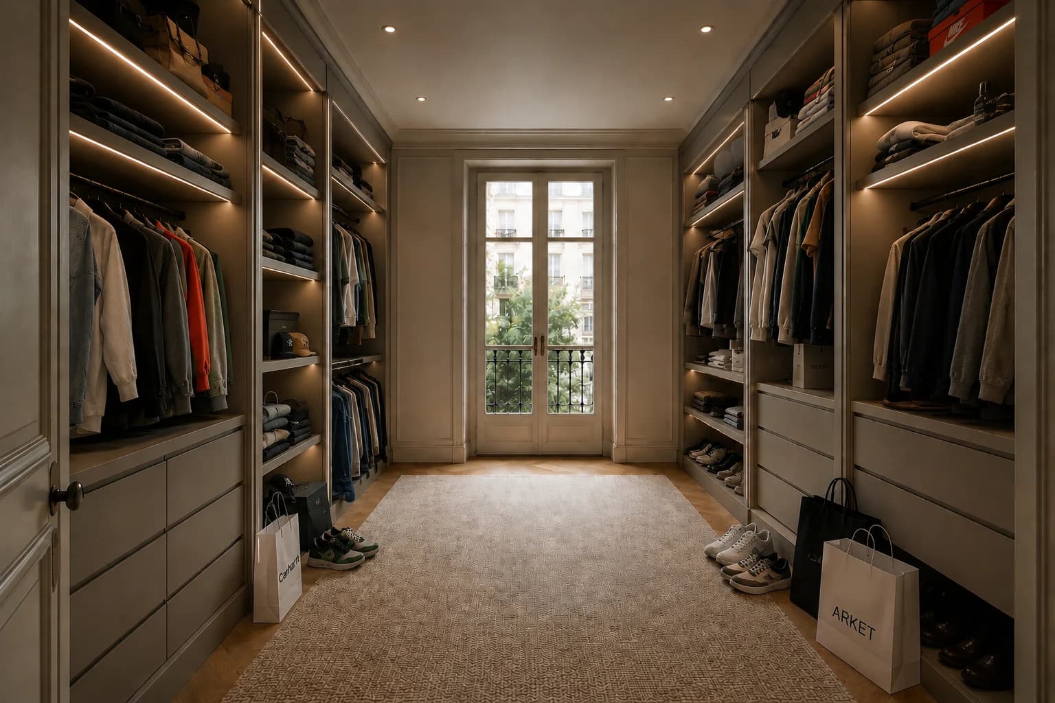 Le dressing terminé et habillé, penderies garnies et rangements occupés