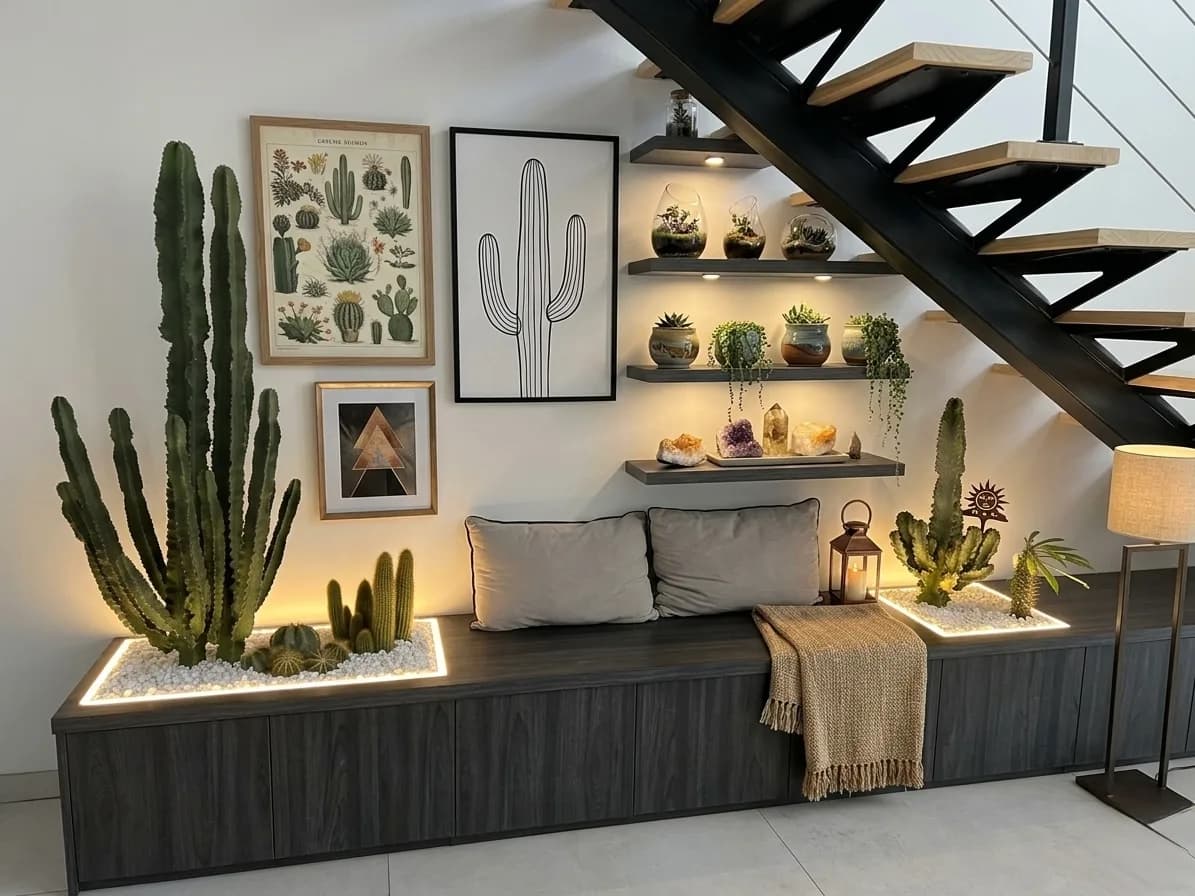 Banc d'accueil en bois foncé avec jardinières encastrées et éclairage intégré
